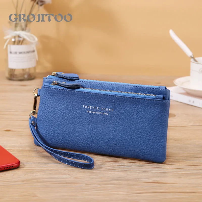 Long Cowhide Leather Wallet Large Capacity Zipper Handbag for Women