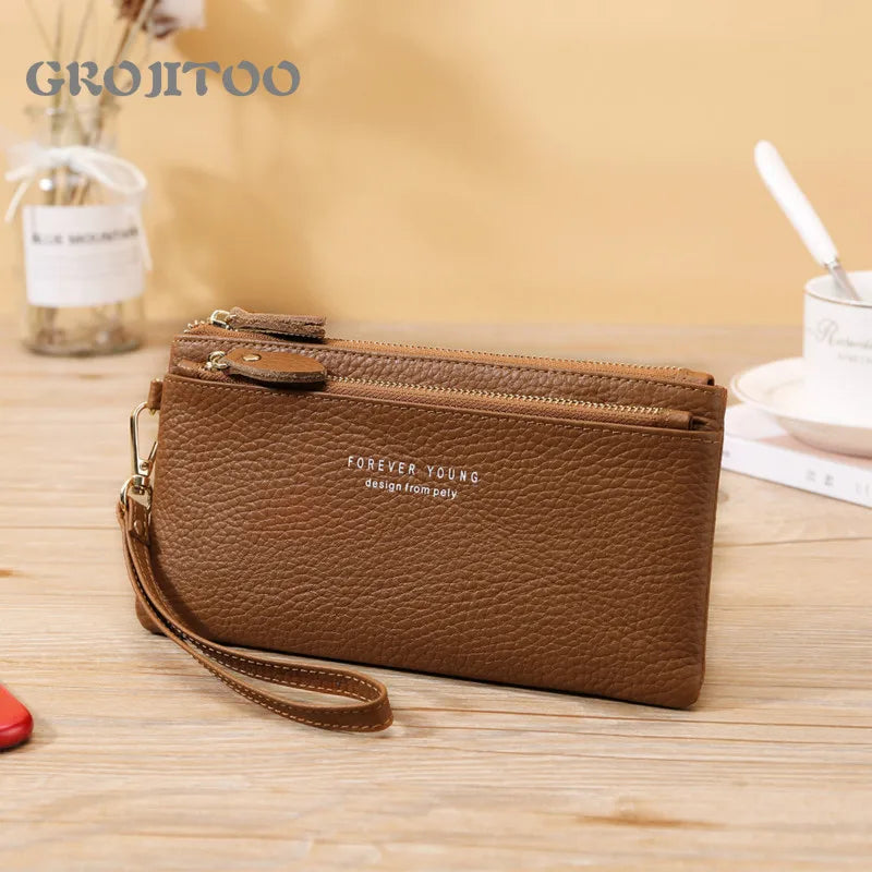 Long Cowhide Leather Wallet Large Capacity Zipper Handbag for Women
