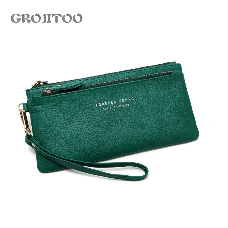 Long Cowhide Leather Wallet Large Capacity Zipper Handbag for Women