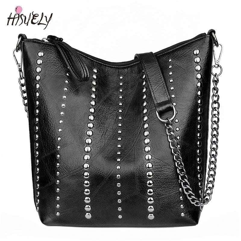 Women's Winter Retro Large Capacity Single Shoulder Bucket Bag with Rivet Detail