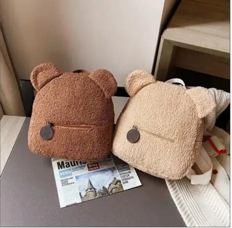Women Girls Bear Ear Fleece Small Backpacks Lambswool Daypack Bags