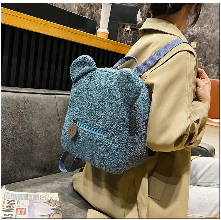 Women Girls Bear Ear Fleece Small Backpacks Lambswool Daypack Bags