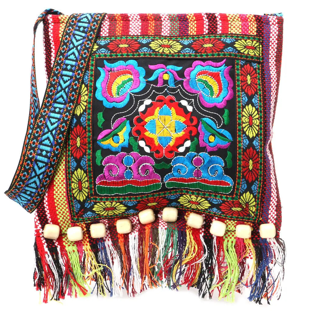 Vintage Ethnic Shoulder Bag Embroidery Boho Hippie Tassel Tote Messenger