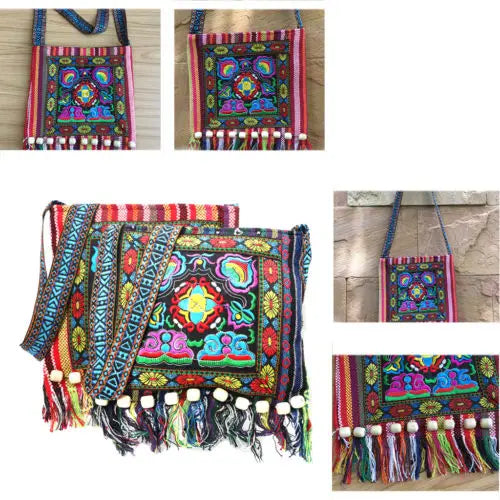 Vintage Ethnic Shoulder Bag Embroidery Boho Hippie Tassel Tote Messenger