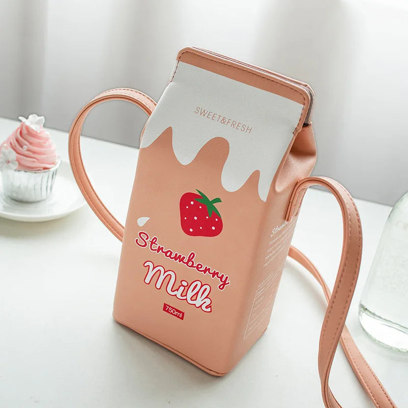 Cartoon Milk Box Cross-Body Bag Streetwear Leather Shoulder Pack