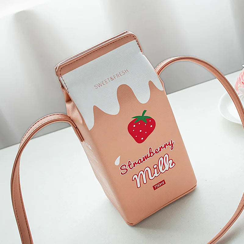 Cartoon Milk Box Cross-Body Bag Streetwear Leather Shoulder Pack
