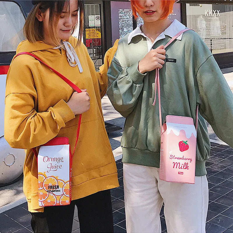 Cartoon Milk Box Cross-Body Bag Streetwear Leather Shoulder Pack