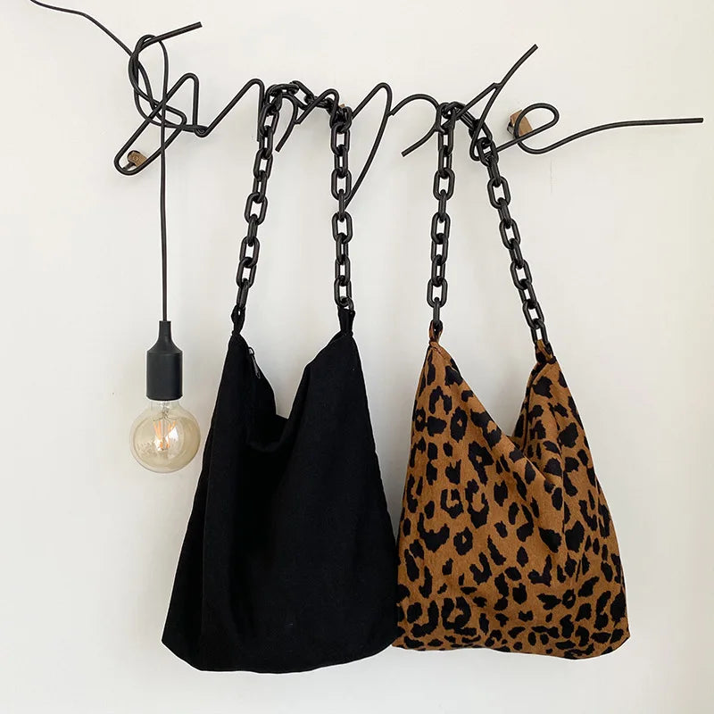 Leopard/Black Shoulder Bag Wild Literary Corduroy Handbag