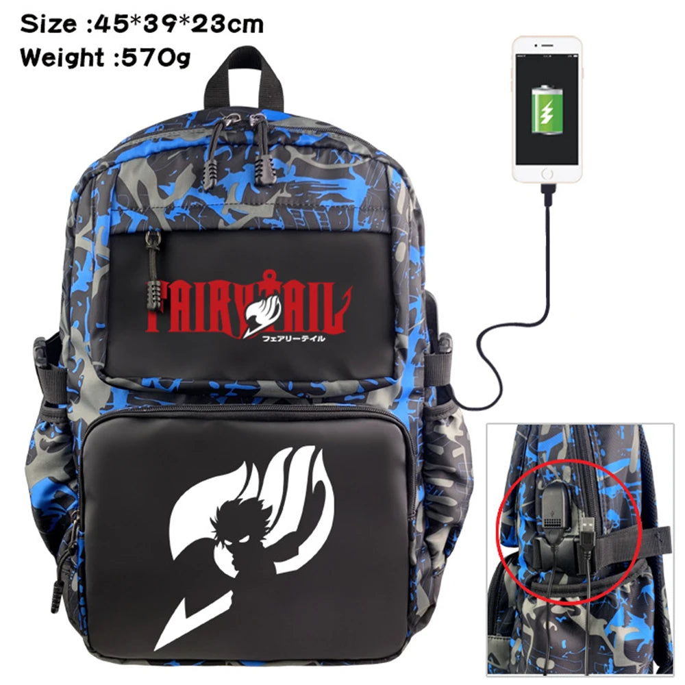 Anime Fairy Tail Nylon Backpack with USB Student Schoolbag