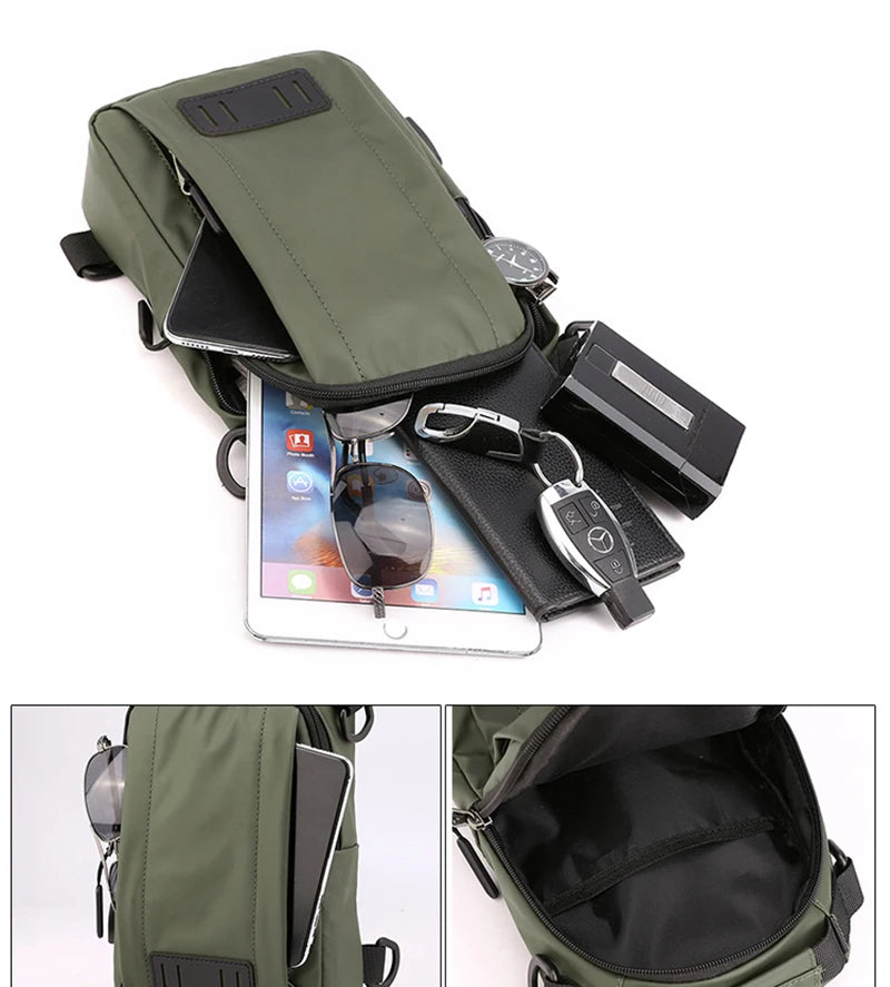 Nylon Men Backpack Rucksack Chest Bags with USB Charging