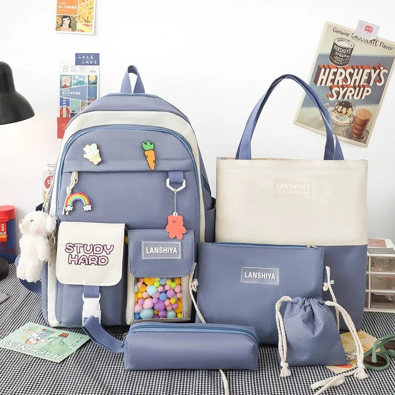 Nylon Packback Bags Women Bag Set with Pencil Bag Lunch Box Backbag
