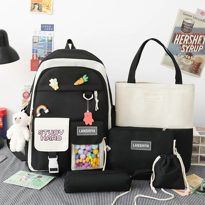 Nylon Packback Bags Women Bag Set with Pencil Bag Lunch Box Backbag