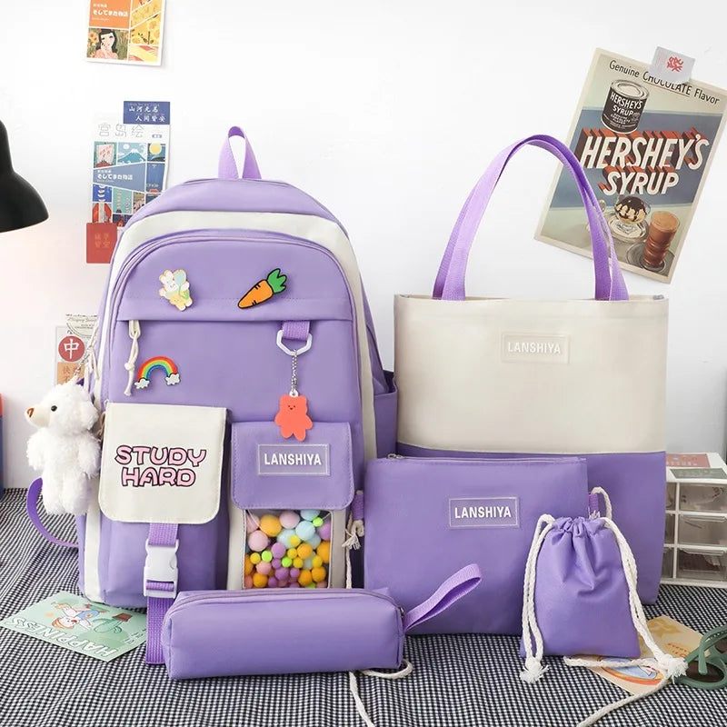 Nylon Packback Bags Women Bag Set with Pencil Bag Lunch Box Backbag