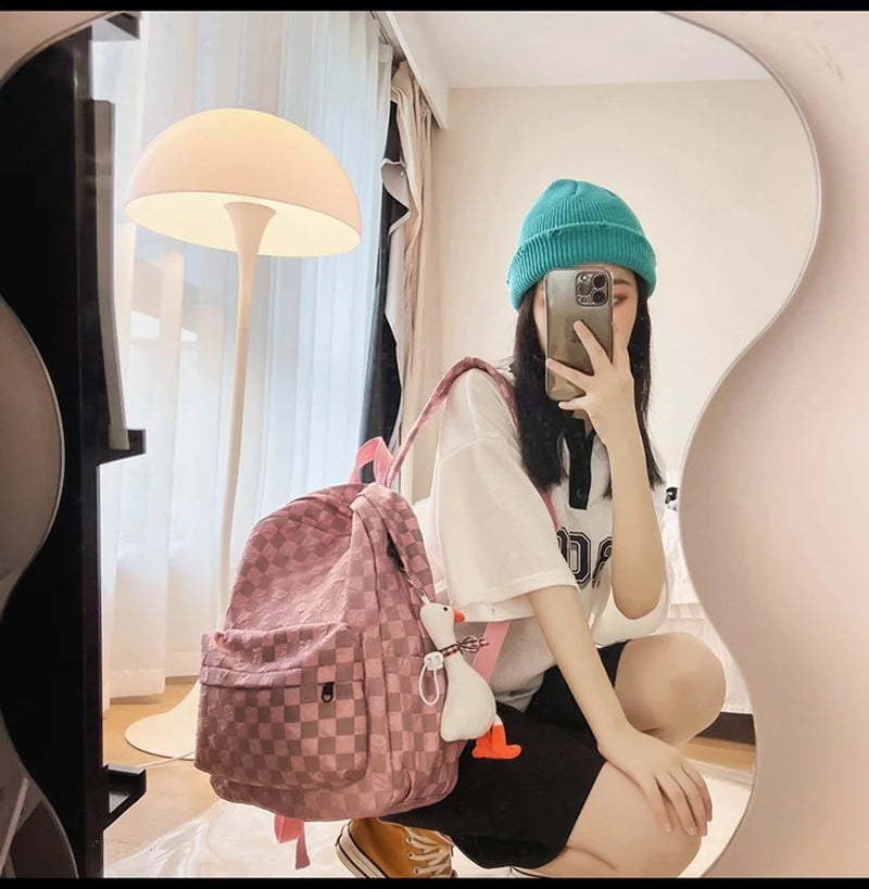 Plaid Women Backpack School Bag Large Capacity Waterproof Travel Backpack