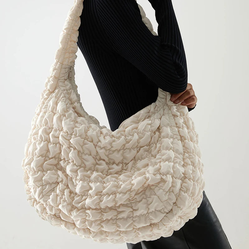 Quilted Shoulder Bag Women Casual Large Tote Handbag Ruched Crossbody Purse