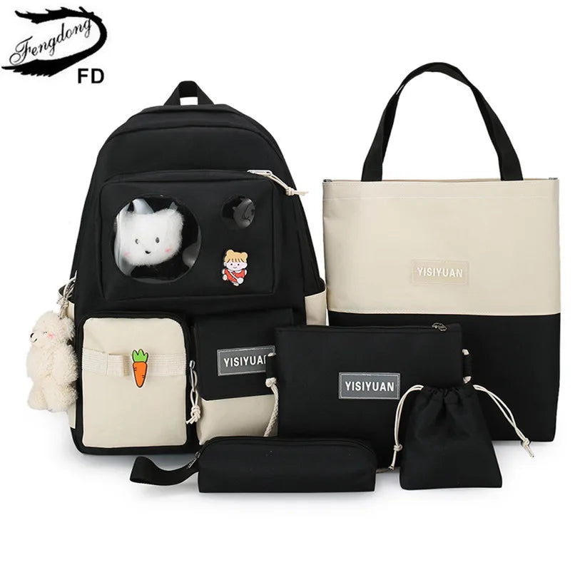 6pcs School Bags For Teenage Girls Kids College Student Laptop Backpack