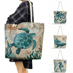 Ocean Series Tote High Capacity Beach Bag Octopus Turtle Printed Handbag