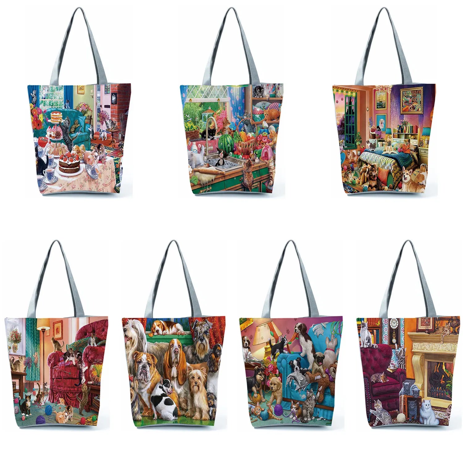 Oil Painting Cat Dog Print Women Tote Bag Reusable Shopping Bag Shoulder Handbag