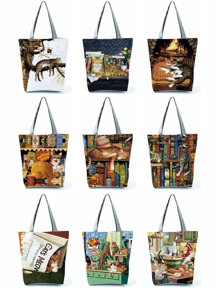 Cat Print Womens Tote Bags Polyester Reusable Shopping Bag For Groceries