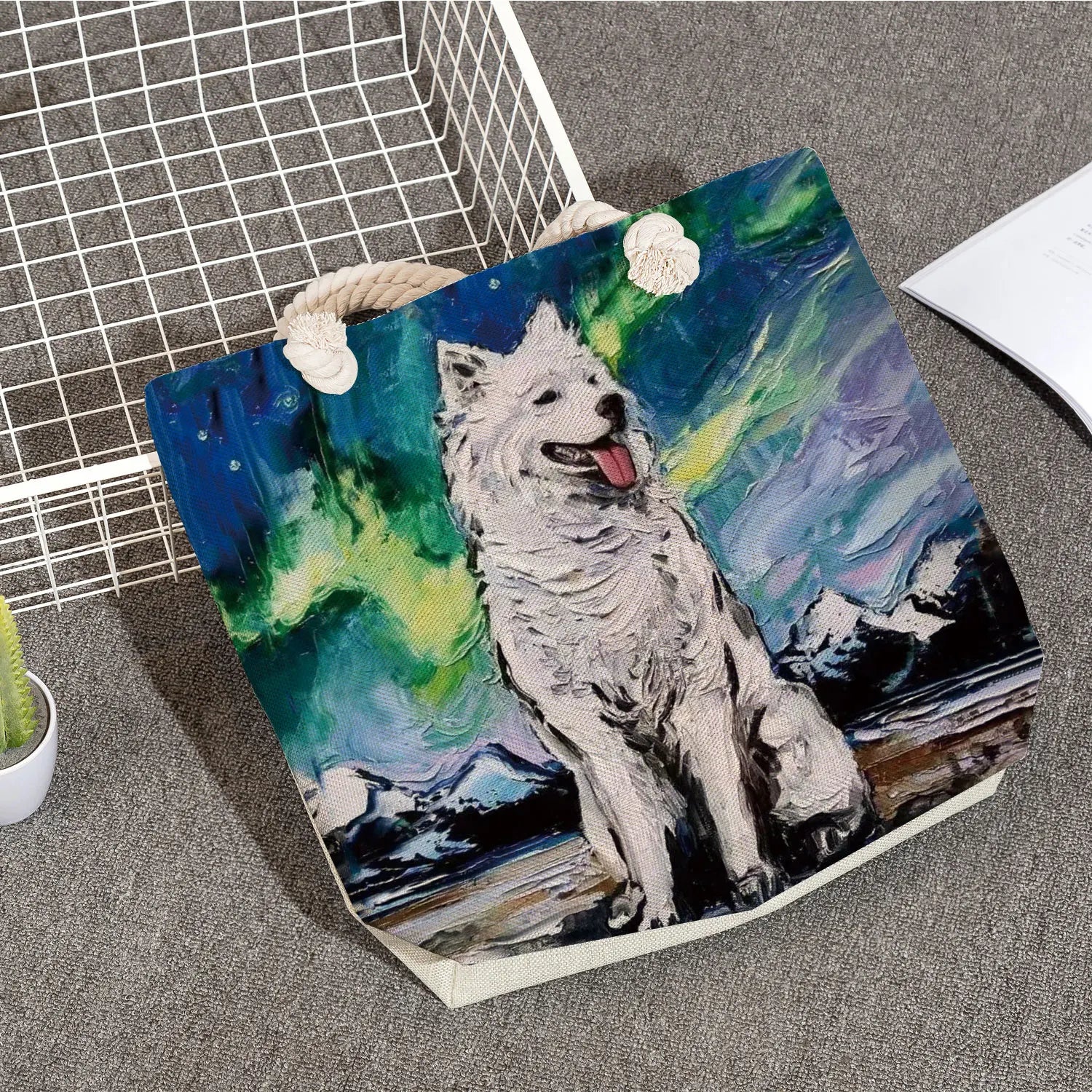 Oil Painting Dog Printed Handbags Women Thick Rope Tote Bag Animal Shoulder Bag