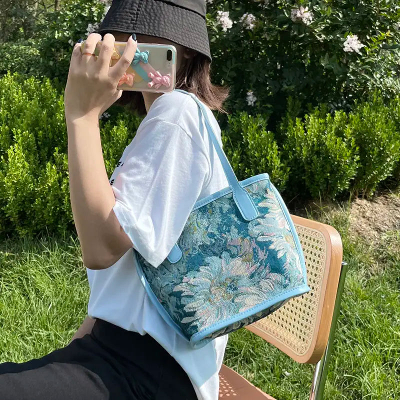 Large Capacity Oil Painting Flower Shoulder Bag Retro Texture Handbag Tote