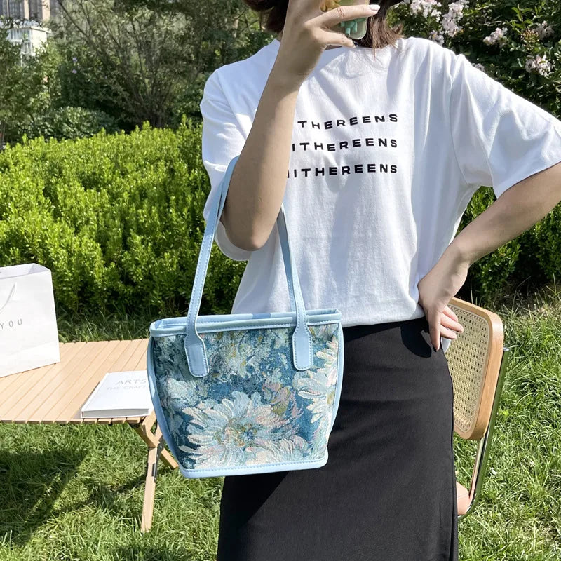 Large Capacity Oil Painting Flower Shoulder Bag Retro Texture Handbag Tote