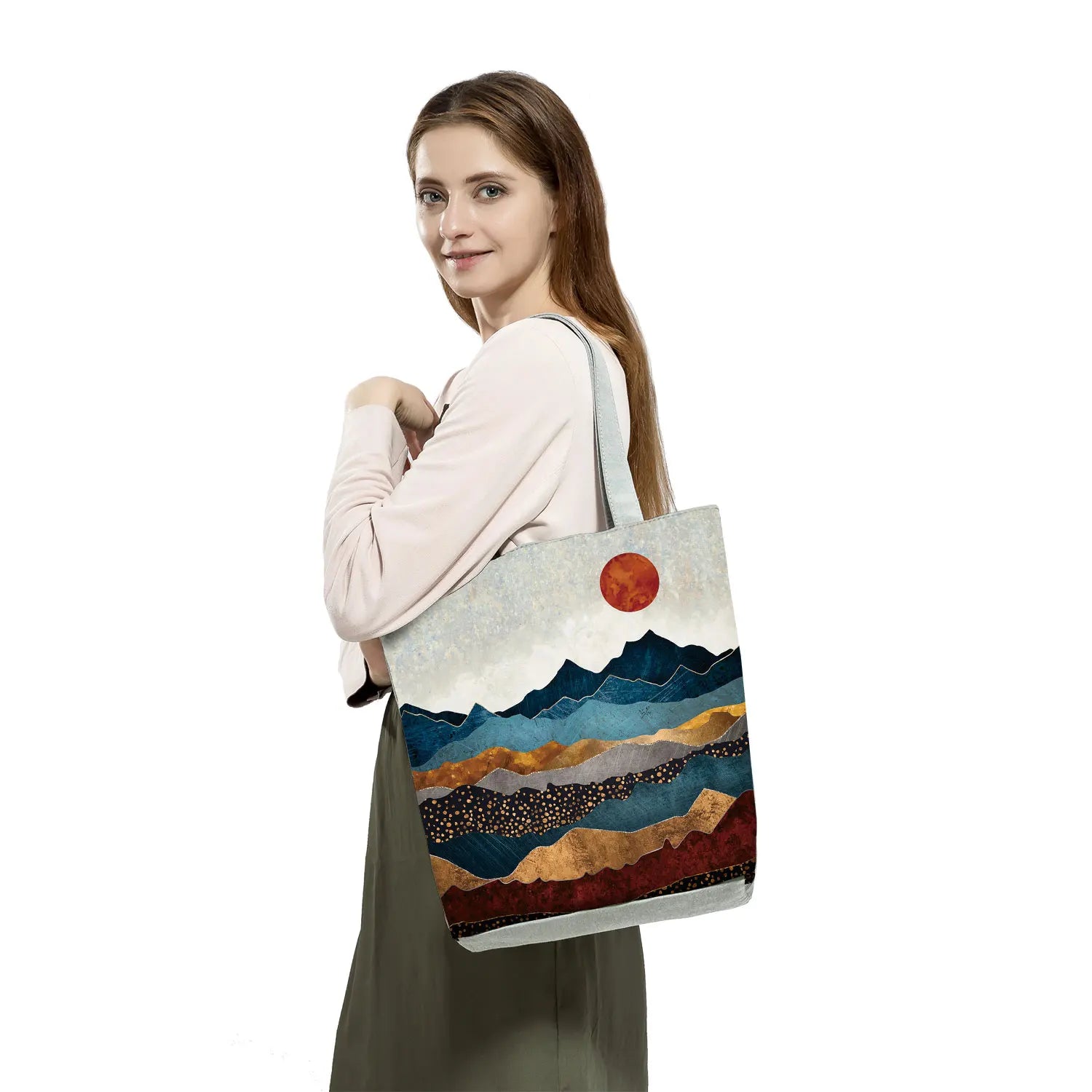 Oil Painting Mountain Forest Print Tote Bag Foldable Shopper Handbag