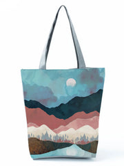 Oil Painting Mountain Forest Print Tote Bag Foldable Shopper Handbag