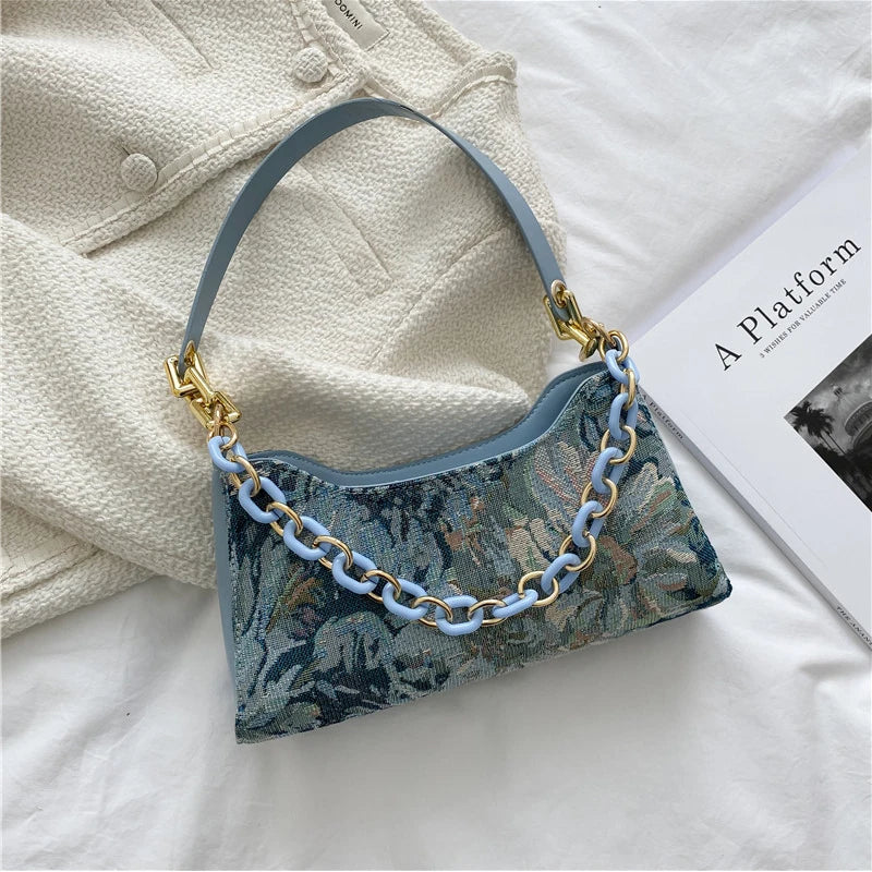 Oil Painting Printed Underarm Bag Retro Women Totes Shoulder Bags