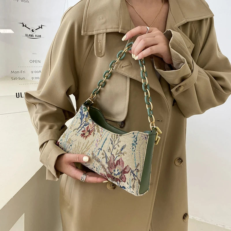 Oil Painting Printed Underarm Bag Retro Women Totes Shoulder Bags