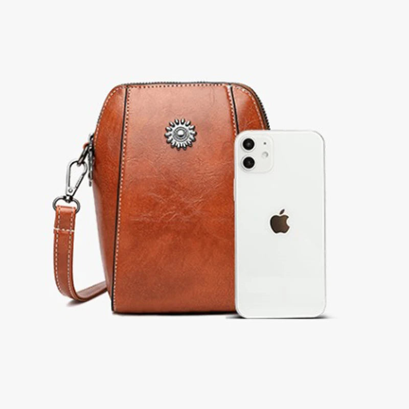 Oil Wax Soft Leather Mobile Bag Small Square Shoulder Bag Female