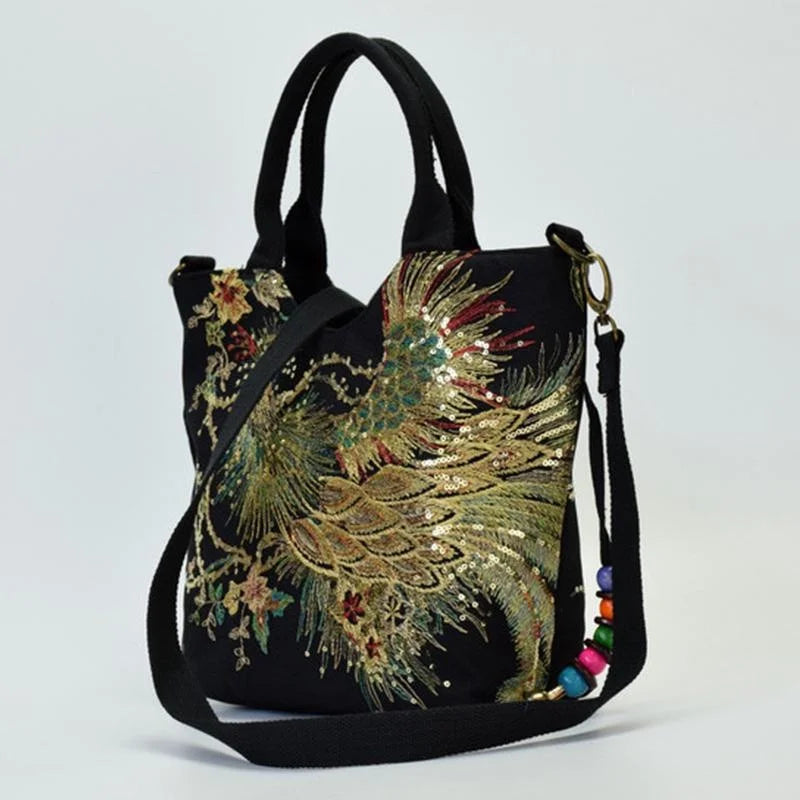 One Shoulder Sequin Peacock Canvas Bag