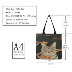 Cat Print Shoulder Bag Eco Friendly Beach Tote High Capacity Handbag