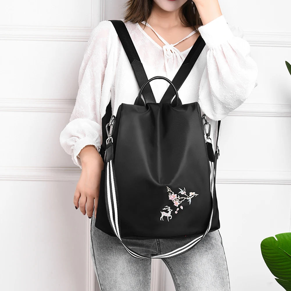 Oxford Women Backpack Embroidery Print School Shoulder Bags Anti-theft