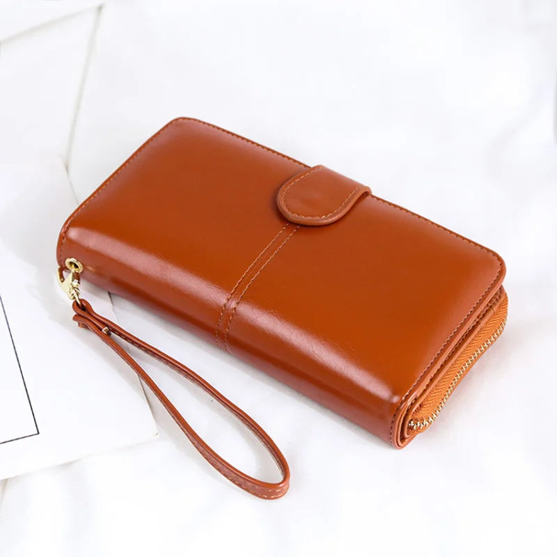 Oil Wax Leather Long Wallet Multi-card Purse