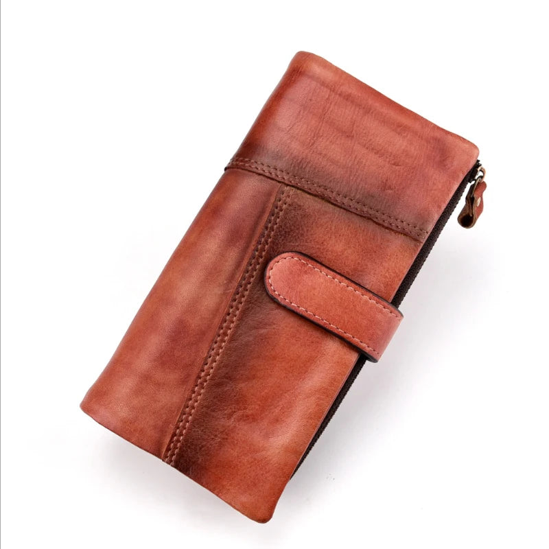 Vintage Wax Oil Skin Long Purse Leather Notecase For Ladies Girls