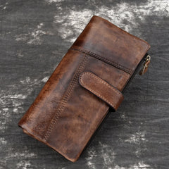 Vintage Wax Oil Skin Long Purse Leather Notecase For Ladies Girls
