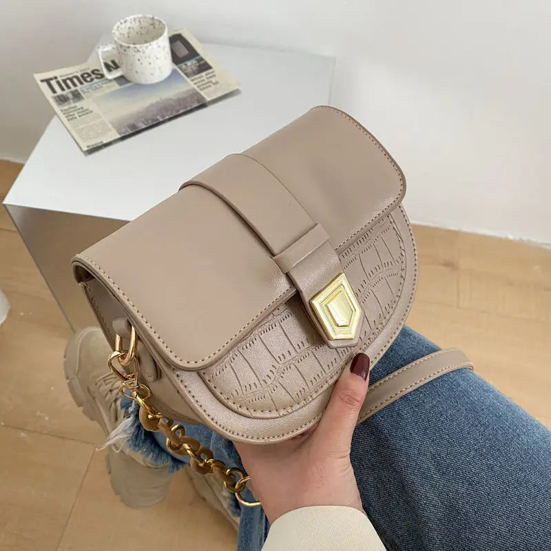 Women's PU Saddle Shoulder Bag with Chains, Soft Crossbody Bag for Office Lady
