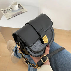 Women's PU Saddle Shoulder Bag with Chains, Soft Crossbody Bag for Office Lady