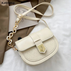 Women's PU Saddle Shoulder Bag with Chains, Soft Crossbody Bag for Office Lady