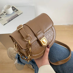 Women's PU Saddle Shoulder Bag with Chains, Soft Crossbody Bag for Office Lady