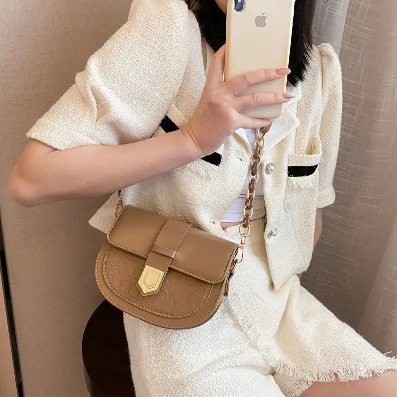 Women's PU Saddle Shoulder Bag with Chains, Soft Crossbody Bag for Office Lady