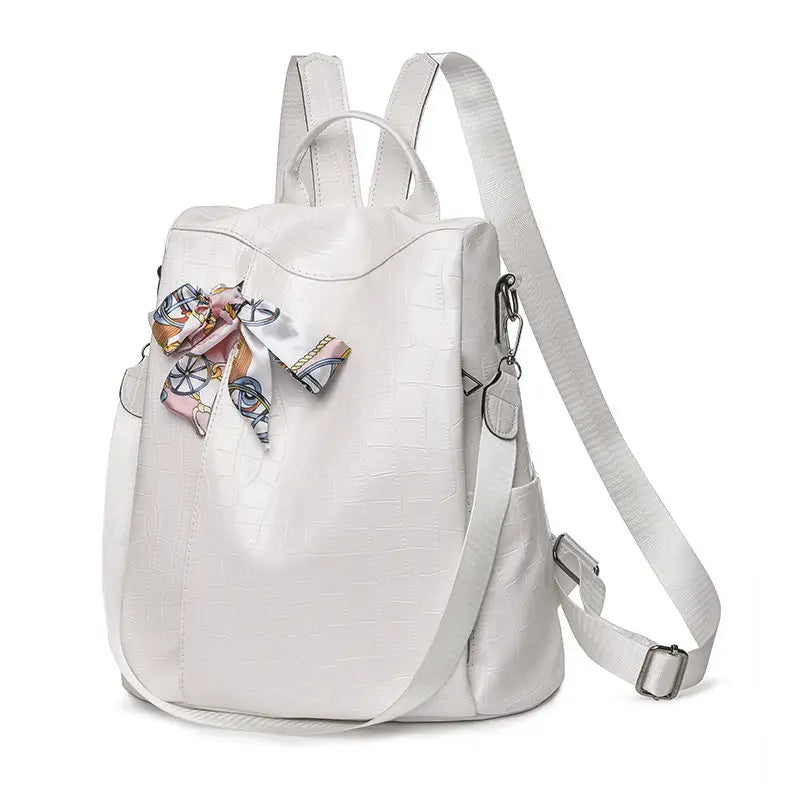 PU Ladies Leather Shoulder Backpacks Women Travel Bags Silk Scarf