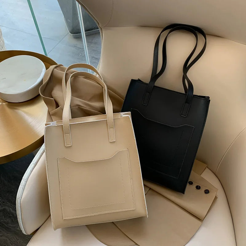 Vintage PU Leather Tote Bag for Women - Casual Shoulder Handbag