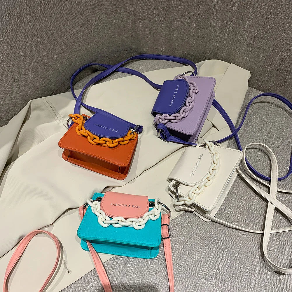 PU Leather Shoulder Bag Acrylic Chain Small Crossbody Phone Bag