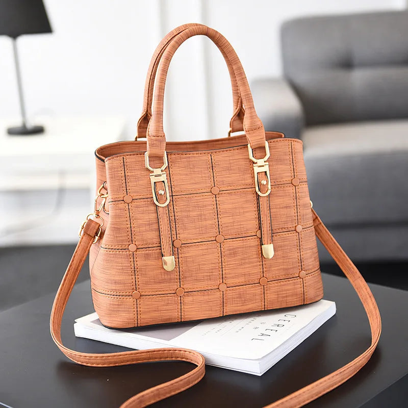 PU Leather Large Capacity Woman Handbag Grid Shoulder Bag Casual Crossbody Bag L