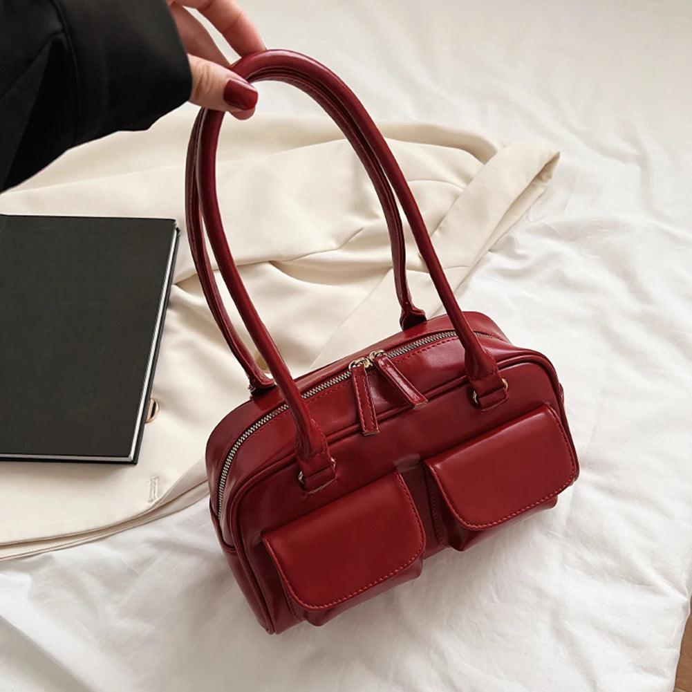 PU Leather Shoulder Handbags Double Pocket Shopping Bag Solid Armpit Bag