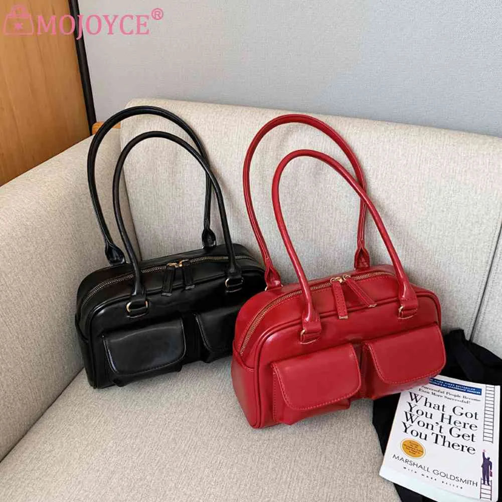 PU Leather Shoulder Handbags Double Pocket Underarm Bag Casual Zipper