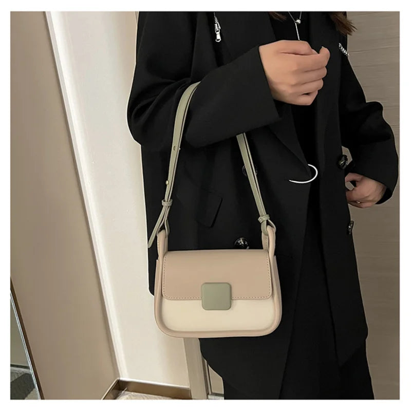 PU Leather Shoulder Square Bag Contrast Small Flap Handbag for Women
