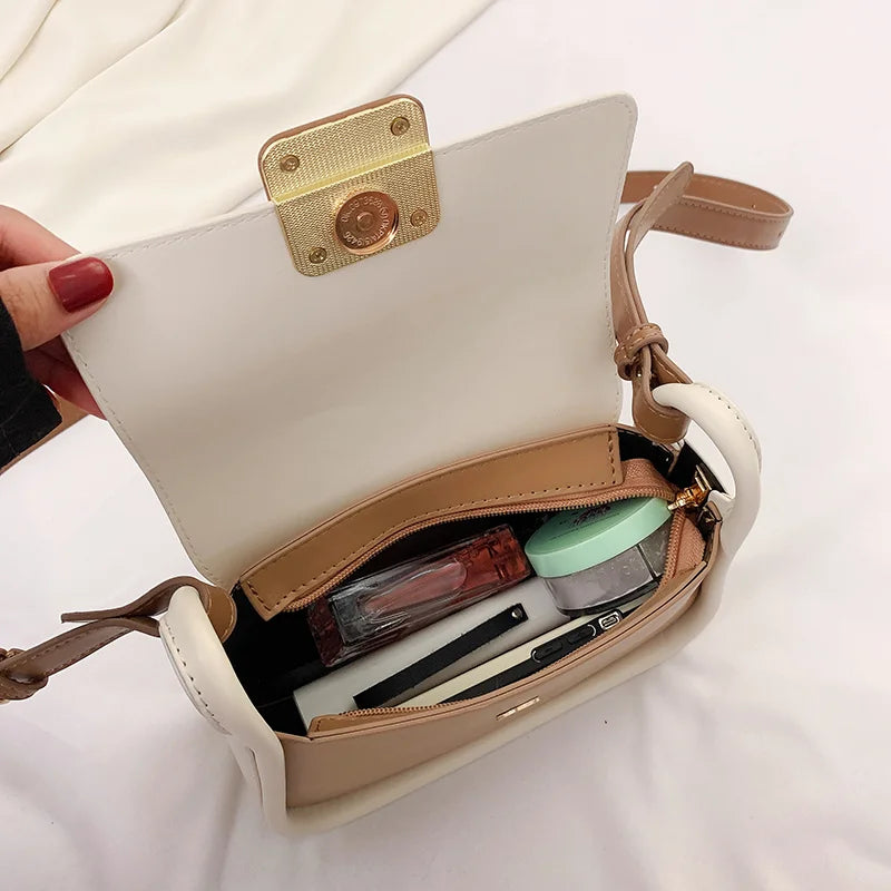 PU Leather Shoulder Square Bag Contrast Small Flap Handbag for Women